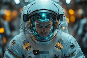 an astronaut like engineer testing wearable exoskeleton technology in a futuristic lab, surrounded by robotics photo