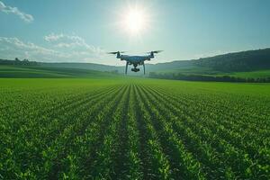 a drone flying over a large green field, capturing data for precision farming, with a scenic rural landscape in the background, bright sunny day photo
