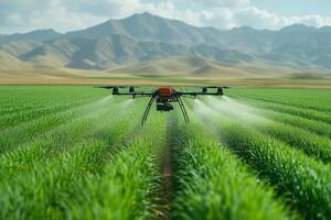 a drone spraying crops with fertilizer in a vibrant green field, precise and efficient, with clear skies and mountains in the background, bright morning light photo