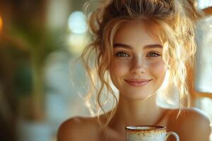 A girl enjoys her first sip of coffee, radiating happiness and contentment photo