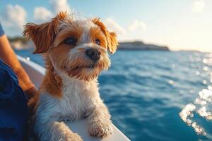 The small dog sits on the yacht deck, gazing out over the ocean, under the warm sunlight photo