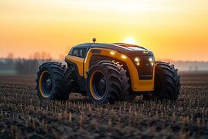 a robotic tractor autonomously working in a field, planting crops with precision, while the sun rises over a rural landscape, clear blue sky photo