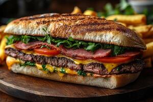 Uruguayan chivito sandwich, layered with steak, ham, cheese, lettuce photo