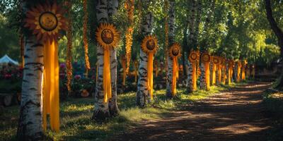 Ysyakh festival decorations, including birch trees tied with ribbons and symbolic sun patterns photo