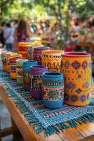 Sabantuy crafts on display, including embroidered textiles and handmade ceramics photo