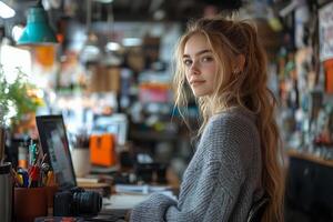 a teenage entrepreneur editing photos for her online handmade jewelry shop, using a lightbox and a camera, surrounded by tools and colorful beads