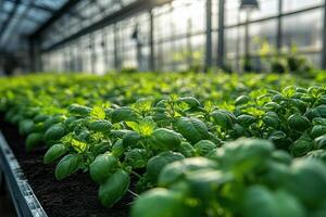 a modern hydroponic greenhouse with basil and mint plants thriving in water based systems photo