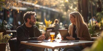 a man and woman collaborating on a project in an urban park coworking space, stylish outdoor furniture and public Wi Fi area visible, blank right side for text, bright clear light photo