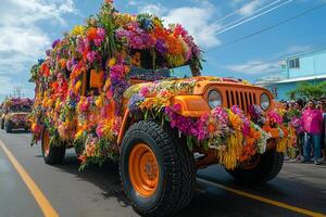 a flower covered jeep participating in the parade, adorned with colorful blooms and traditional decorations photo