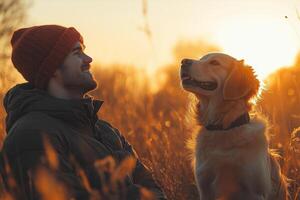 A man plays with his dog in a sunlit field, enjoying the carefree joy of the moment photo