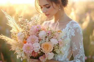 a close up of a boho wedding bouquet with wildflowers, pampas grass, and earthy tones photo