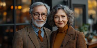 an elegant senior couple dressed in matching outfits, posing together in a bright urban setting, empty right side for copy space photo