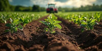 a smart tractor equipped with sensors and GPS technology, planting seeds in straight rows, blank space on the right for copy photo