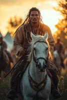 a horse rider performing during Sabantuy, wearing traditional attire, galloping through a field surrounded by decorated tents, dramatic sunlight highlighting the dynamic moment photo