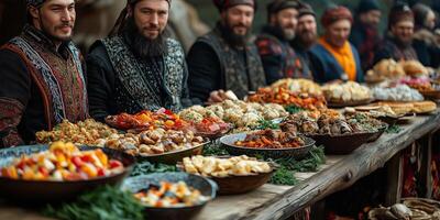 traditional Yakut food arranged on a wooden table during Ysyakh photo