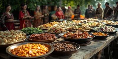 traditional Yakut food arranged on a wooden table during Ysyakh, surrounded by guests in festive clothing, natural scenery in the background photo