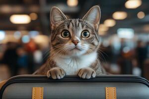 A curious cat sits inside a suitcase, its wide eyes exploring the busy airport terminal photo
