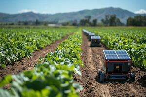 solar powered robots planting seeds in a large field, rows of crops in perfect alignment, clear sunny day with blue skies photo