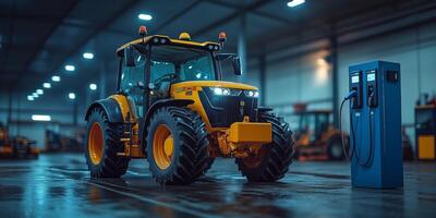 an electric tractor connected to a charging station in a barn, clean modern machinery in focus, blank right side for text, soft indoor lighting photo