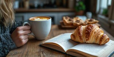 A hand gently holds a warm coffee cup, a book open nearby, and a croissant ready to enjoy photo