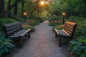 a peaceful walking trail lined with benches and lanterns photo
