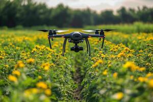 a drone with a thermal imaging camera flying low over a field, identifying stressed crops, vibrant green landscape and clear sky photo