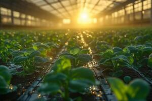 a smart irrigation system watering crops in a high tech outdoor farm photo