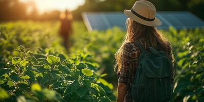 a field with IoT sensors monitoring soil conditions, solar panels visible in the background, a farmer walking in the distance, empty right side for copy space, bright natural lighting photo