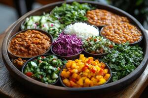 a traditional Ethiopian meal served on a large injera platter, topped with colorful wot and surrounded by small bowls of fresh salads, on a low wooden table photo