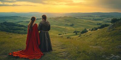 a traditional Celtic handfasting ceremony at Lughnasadh, a couple in ceremonial robes exchanging vows, with green hills photo