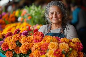 a flower vendor arranging a colorful bouquet at a market stall during Feria de las Flores photo
