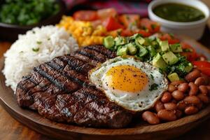 Colombian bandeja paisa, featuring grilled steak, fried eggs, chorizo, avocado, rice, and beans, presented on a wooden platter with vibrant fabrics in the background photo
