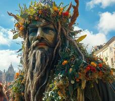 a giant figure surrounded by performers in medieval inspired costumes, a historical town square with cobblestone streets in the background photo