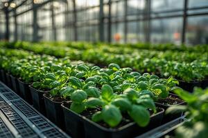 a modern hydroponic greenhouse with basil and mint plants photo