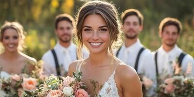 a wedding party posing in an open field, the bride and bridesmaids holding bouquets, groomsmen in suspenders, blank right side for text photo