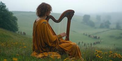 a Celtic musician playing a harp during Lughnasadh, surrounded by festivalgoers in nature, with rolling green hills and open sky on the right for event details photo