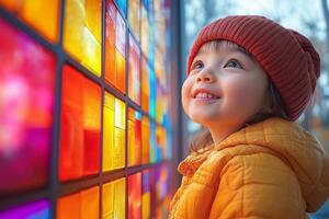 a child standing in front of a wall of touch sensitive color changing panels, smiling in amazement, bright atmosphere photo