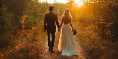 a couple walking hand in hand along a forest trail, the brides flowing dress and bouquet creating a romantic scene, blank space on the right for text, dappled sunlight through the trees photo