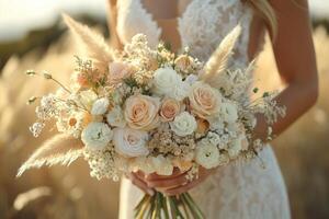 a close up of a boho wedding bouquet with wildflowers, pampas grass, and earthy tones, held by a bride in a lace dress photo