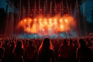 festivalgoers enjoying a live concert, with a brightly lit stage and vibrant lighting effects, the energy of the crowd photo