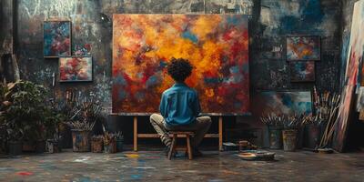 a teenage artist painting a large canvas in a bright studio, surrounded by brushes, paint splatters photo