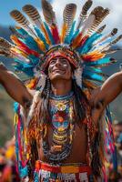 a dramatic Inti Raymi reenactment, a ceremonial figure standing on a high platform with arms raised, surrounded by performers and vivid decorations, glowing sunlight emphasizing the cultural grandeur photo