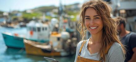 a woman managing a small fisheries cooperative, holding a tablet and discussing logistics with others beside boats, with open water in the background photo