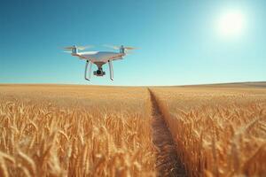 a drone flying over a large wheat field, capturing aerial data with visible camera equipment photo