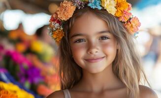 a young girl with a flower crown at Feria de las Flores, smiling while standing near a booth photo