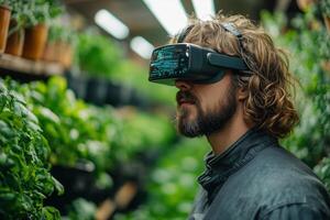 a farmer wearing augmented reality glasses, analyzing crop data while standing in a greenhouse filled with advanced farming equipment, soft even lighting photo