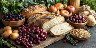 a bountiful Lughnasadh feast displayed on a rustic wooden table, featuring fresh bread, fruits, and grains photo