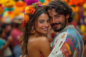 a couple dancing salsa at Feria de las Flores, surrounded by festive decorations and flower arrangements photo