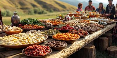 traditional Yakut food arranged on a wooden table during Ysyakh, surrounded by guests in festive clothing photo