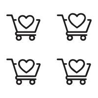Cart with Heart Icon Set for Favorite Purchases vector